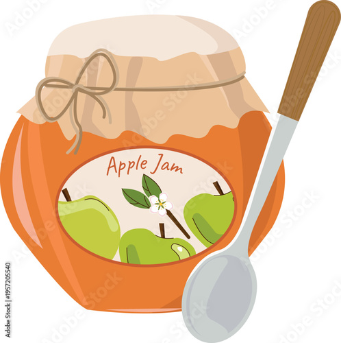 Vector apple jam jar with spoon isolated on transparent background – homemade fruit preserve with green apples. Cozy kitchen and rustic food vector illustration.