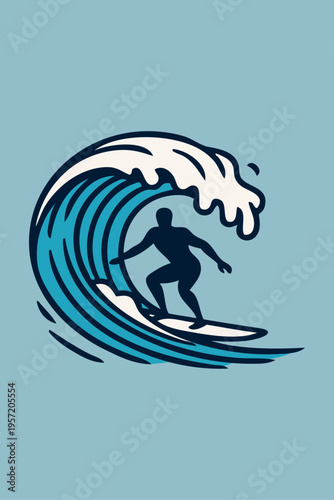 Vacaciones en la playa. Logo club de surf. Dibujo con líneas de un hombre en tabla de surf con olas de mar con fondo azul