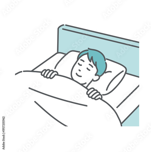 ベッドでぐっすりと眠る男性のイラスト（安眠・良質な睡眠）