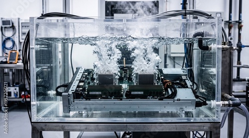 Submerged server chassis in dielectric fluid bath shows intense boiling action directly above dual CPUs within clear industrial acrylic tank.