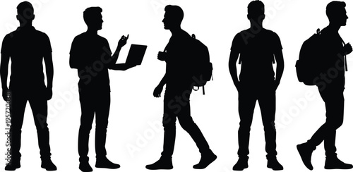 Silhouette of male students with backpacks and laptop, young men walking and standing, college education group, casual backpacker, university lifestyle