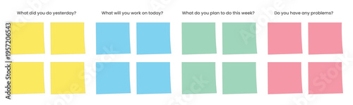 Daily scrum standup meeting board with sticky notes for team retrospective and planning showing questions about tasks and problems on grid background