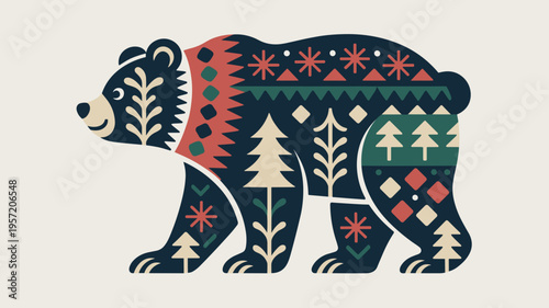 Folk art bear with Nordic winter patterns – Ideal for Scandinavian home decor, cozy winter textiles, or traditional holiday cards.