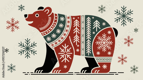Stylized Nordic bear with snowflake motifs – Perfect for winter apparel designs, rustic lodge branding, or artisanal craft packaging.