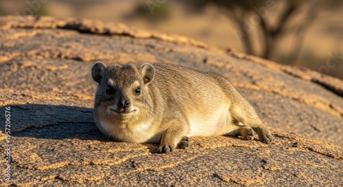 Rocky hyrax resting peacefully on a sunny stone surface in the wilderness
