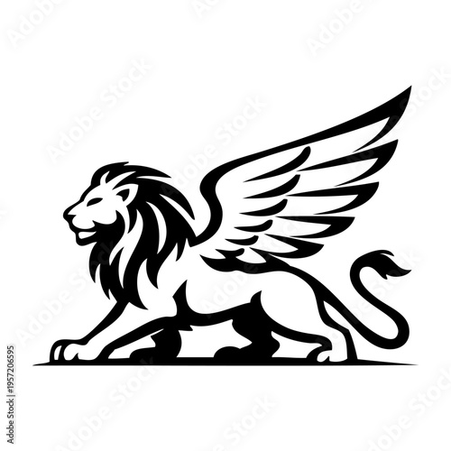 Logotipo con dibujo sencillo con líneas de un león heráldico con alas