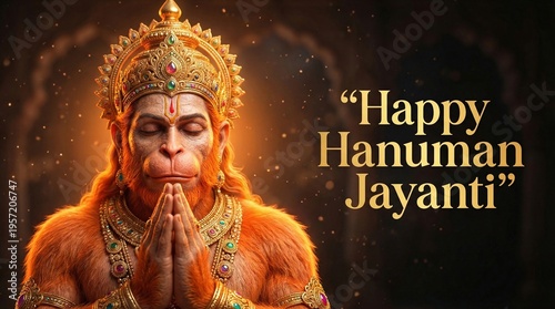 Lord Hanuman in prayer pose with golden crown and vibrant orange aura for Hindu festival celebration