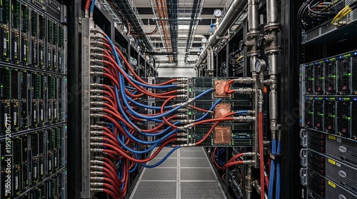 Hyperscale data center aisle featuring direct-to-chip liquid cooling shows complex networks of red and blue braided hoses on massive heatsinks.