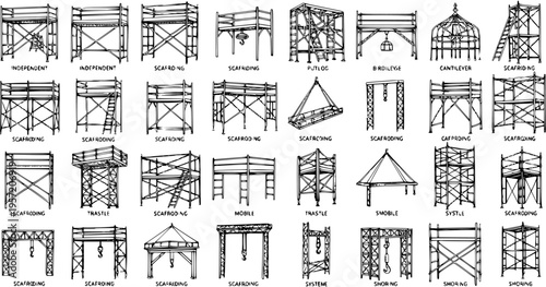 Diverse Scaffolding Structures: Building Construction and Safety Equipment Diagrams