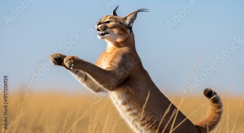 Caracal jumping in the grasslands against a clear blue sky
