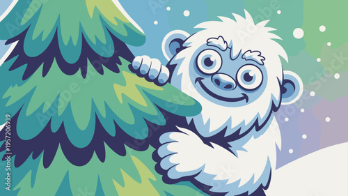 Playful white yeti hiding behind pine tree – Ideal for children's winter stories, holiday cards, or whimsical nursery art.
