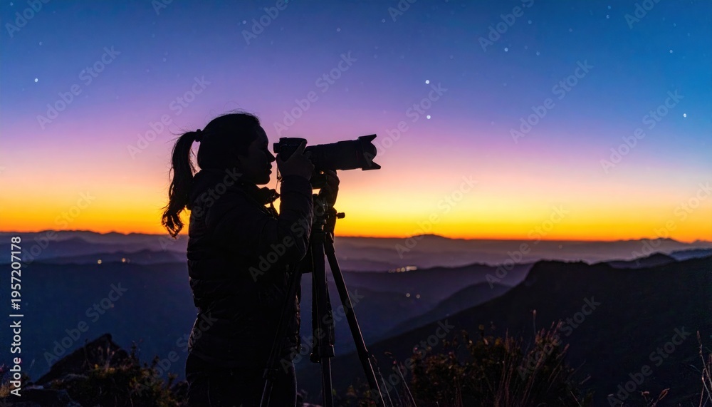 Fototapeta premium Silhouette of a photographer capturing sunset over mountainous landscape