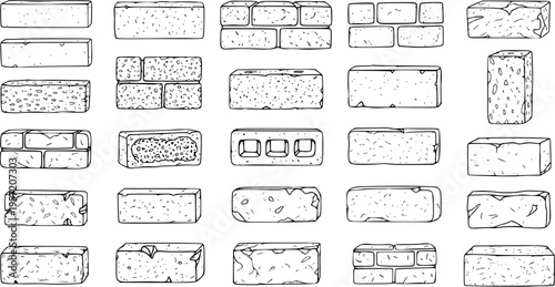Detailed Hand-Drawn Sketch Set of Various Brick Types, Textures, and Stacking Patterns for Building and Construction Design Illustrations