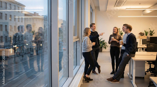 Five colleagues engaging in a casual conversation during a break in a modern, brightly lit office space with large windows.