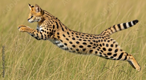 Serval cat jumping in the tall grass
