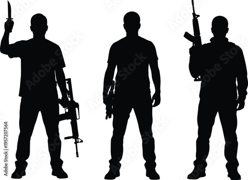 Three men silhouettes holding rifles and a knife standing in a group isolated on white background for tactical security design