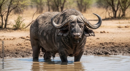 African buffalo standing in water, calm mood, in savannah landscape
