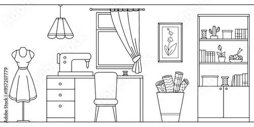 Sewing workshop interior graphic black white sketch illustration vector 