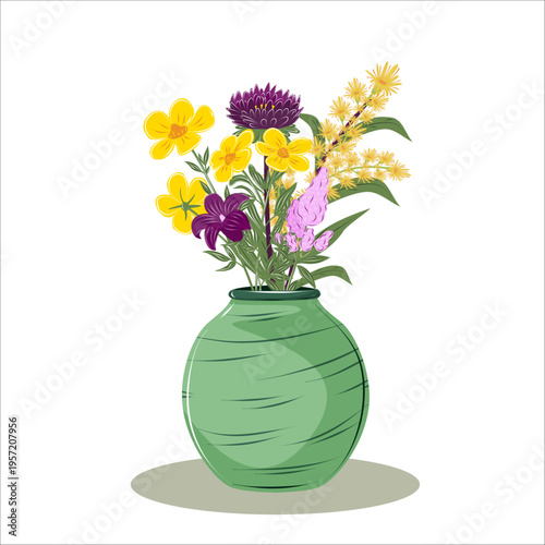 Wildflower bouquet in green vase drawn in vintage botanical engraving style. Colorful floral arrangement isolated on white. Ideal for greeting cards, packaging, posters and textile design.