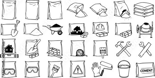 Construction Hand-Drawn Icons Set: Cement Bags, Tools, Safety Gear  More - Line Art Style