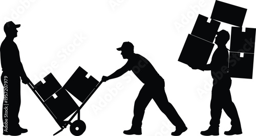 warehouse, workers, loading, boxes, delivery, logistics, manual, labor, transport, moving, cargo, teamwork, silhouette, industrial, shipping, handling, equipment, service, distribution, job