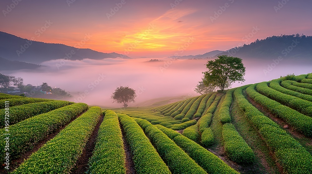 Fototapeta premium Sunrise Over Lush Tea Plantation, Rolling Hills and Morning Mist, Scenic Landscape