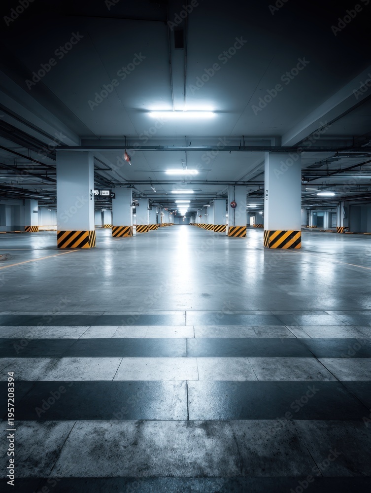 Fototapeta premium Underground Parking Garage with Empty Spaces and Striped Barriers, Illuminated by Fluorescent Lights, Creating an Industrial Look