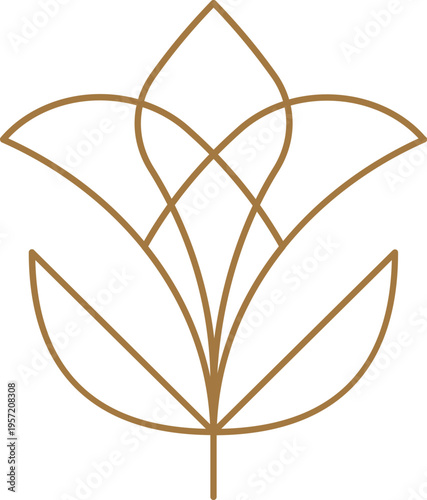Elegant golden line art flower logo and geometric linear decorative element. Modern abstract minimalist floral design.