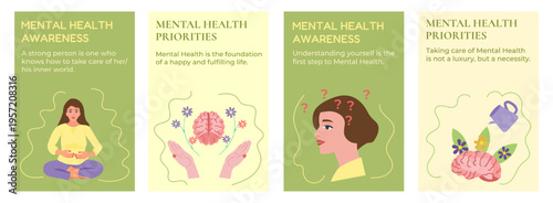 Set of mental health awareness day, month flat style vector illustration quotes about mental health. 