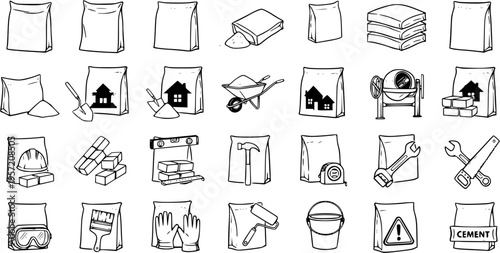 Construction Icon Set: Cement Bags  Tools