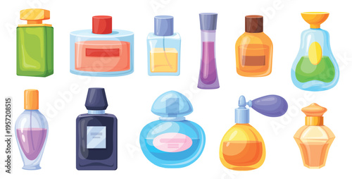 Cartoon perfume bottles. Fragrance bottle, cologne spray flask luxury scent parfum aromatherapy vintage vial pump woman man perfumery fashion cosmetic set neat vector illustration