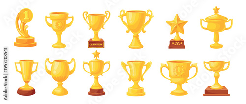 Different trophy cups. Win competition golden goblets shape, winner award prize champion success achievement shelf sport game triumph gold bowl trophies neat vector illustration