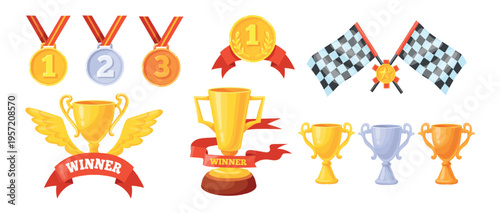 Race winner trophy. Racer winner trophies gold cup, champion golden medals with checkered flag racing award best sport car achievement bronze silver reward neat vector illustration