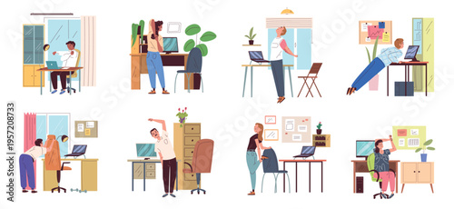 Office desk exercises. Employee stretch exercise at workplace, worker yoga break workout chair relax computer table healthy activity work sport fitness, classy vector illustration