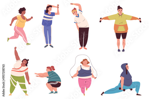 Obese woman exercises. Fat overweight women exercise yoga sport workout, plus size body positive chubby girl fitness gym training aerobic home pilates classy vector illustration