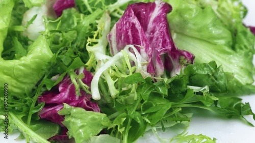 Fresh mixed salad field greens piled close up view.