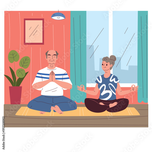 Elderly people meditation. Senior man and old woman yoga exercise at home interior, elder mindfulness health wellbeing meditate sport gymnastics workout classy vector illustration