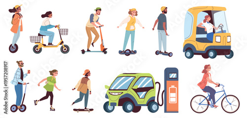 People eco transport. Man woman ride on electric car, bike scooter segway skateboard bicycle riders drivers clean energy healthy city life characters, classy vector illustration