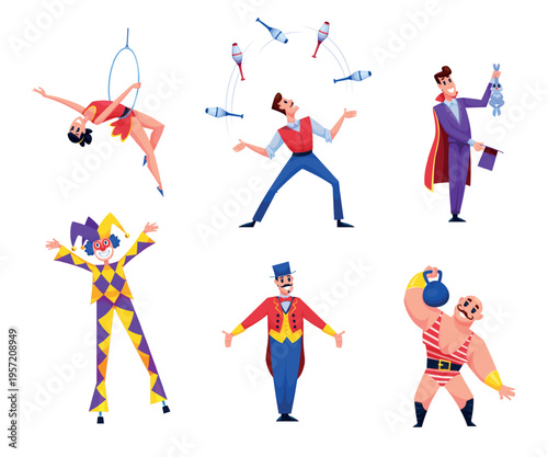 Cartoon circus artists. Chapiteau performers, clown stilts contortionist artist carnival fair people characters magician juggler strongman personage qualitative vector illustration