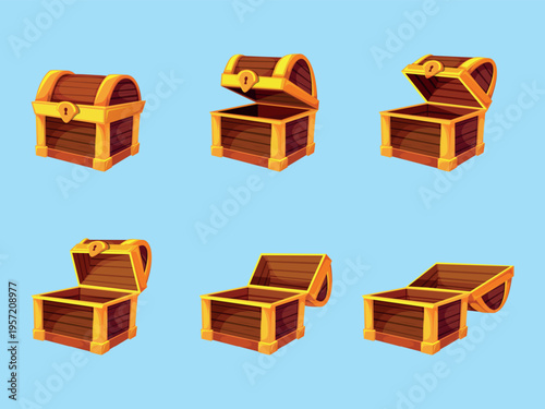 Empty chest animation. Wooden chests open close animated lid, pirate treasure box sequence game interface antique casket crate old case trunk set ui ingenious vector illustration