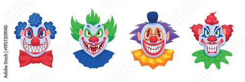 Evil clowns. Scary clown head, halloween spooky joker creepy jester horror characters killer vampire crazy smile with teeth face makeup, cartoon qualitative vector illustration