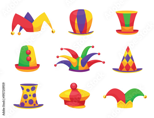 Clown hats. Carnival hat, circus jester cap harlequin crown funny buffoon costume fool silly mask crazy fun comic joke humor headwear, cartoon set qualitative vector illustration