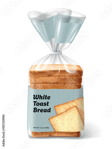 Realistic bread package. Bread loaf cut toast in bopp transparent pouch plastic clip 3d mockup, polythene wrapper bag pack emblem bakery product design garish vector illustration