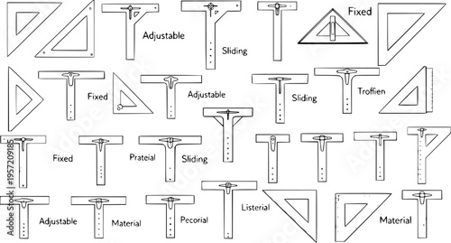 Technical Drawing Tools Diagram: Various T-Squares (Fixed, Adjustable, Sliding) and Set Squares (Triangles) for Drafting and Design