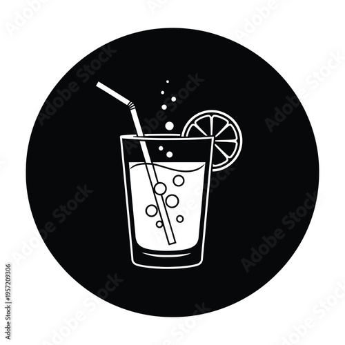 Refreshing sparkling drink with lemon and straw illustration
