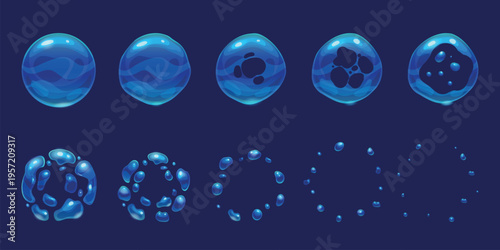 Soap bubble animation. Foam bubbles explosion, animated water ball burst sequence explode liquid sphere splash effect sprite sheet circle cartoon game ingenious vector illustration