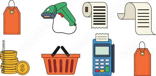 Retail Shopping and Payment Icons Set with Price Tags Barcode Scanner Receipts POS Terminal Coins Basket Flat Vector Illustration Isolated on White Background
