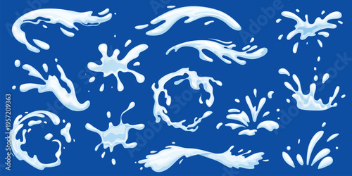 Milk splashes. Cream splash, yogurt splatter swirl wave dairy beverage drip drop milky liquid milkshake creamy drink white water cartoon yoghurt flow ingenious vector illustration