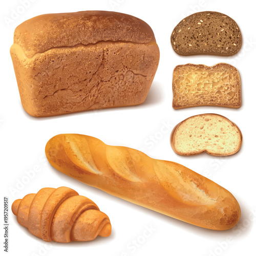 Realistic bread bakery. 3d bread product, whole loaf baguette croissant bun roll pastry wheat rustic homemade fresh bagette breakfast lunch food isolated garish vector illustration