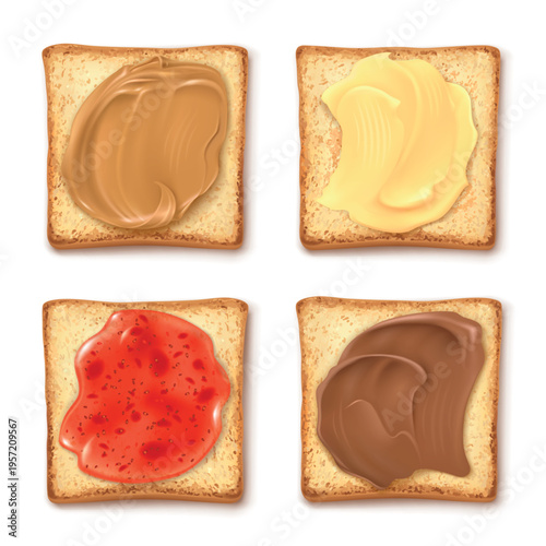 Realistic toast jam. Bread toasts spread different jams top view, sandwich slice butter peanut jelly strawberry chocolate creamy breakfast 3d isolated garish vector illustration